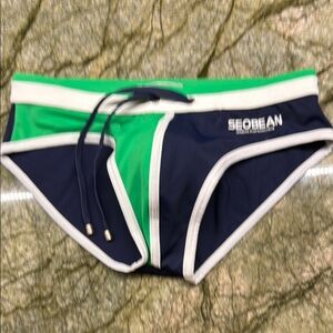 Blue and Green Swim Trunks with Bold Stripe